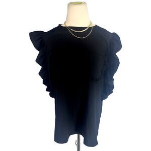 Drew Shirt Women Black Ruffle Sleeve Top Shirt Pocket Thicker Material Large